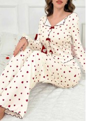 Beige Heart Print Long Sleeve Lounge Top and Pants