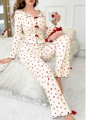 Beige Heart Print Long Sleeve Lounge Top and Pants | thumb picture 