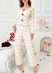 Beige Heart Print Long Sleeve Lounge Top and Pants | thumb picture 