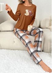 Dark Camel Plaid Long Sleeve Lounge Top and Pants | thumb picture 