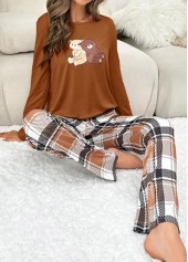 Dark Camel Plaid Long Sleeve Lounge Top and Pants | thumb picture 