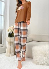 Dark Camel Plaid Long Sleeve Lounge Top and Pants | thumb picture 