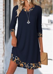 Navy Tummy Coverage Leaf Print Short Long Sleeve Dress