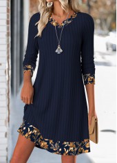 Navy Tummy Coverage Leaf Print Short Long Sleeve Dress | thumb picture 