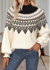 Beige Tummy Coverage Fair Isle Print Long Sleeve Sweater
