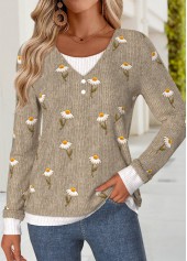 Dark Coffee Tummy Coverage Daisy Print T Shirt