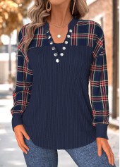 Navy Tummy Coverage Plaid Long Sleeve Split Neck Sweatshirt
