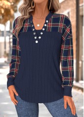 Navy Tummy Coverage Plaid Long Sleeve Split Neck Sweatshirt