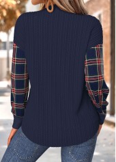 Navy Tummy Coverage Plaid Long Sleeve Split Neck Sweatshirt