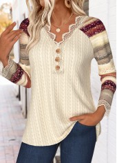 Beige Tummy Coverage Striped 3/4 Sleeve T Shirt
