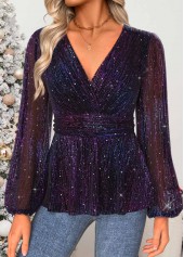 Multi Color Tummy Coverage Long Sleeve V Neck Blouse