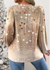 Skin Color Curved Hem Heart Print Long Sleeve Blouse | thumb picture 
