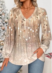 Skin Color Curved Hem Heart Print Long Sleeve Blouse