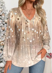 Skin Color Curved Hem Heart Print Long Sleeve Blouse | thumb picture 