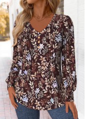Dark Coffee Tuck Stitch Random Floral Print T Shirt
