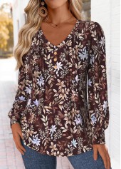 Dark Coffee Tuck Stitch Random Floral Print T Shirt | thumb picture 