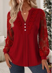 Wine Red Tummy Coverage Long Sleeve Split Neck Blouse