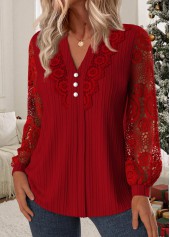 Wine Red Tummy Coverage Long Sleeve Split Neck Blouse