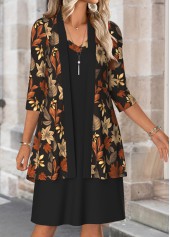 Black Tummy Coverage Leaf Print Dress and Cardigan