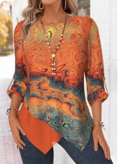 Orange Tummy Coverage Ink Painting Print Long Sleeve Blouse