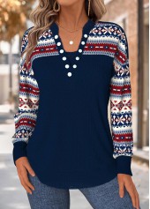 Navy Tummy Coverage Tribal Print Long Sleeve Sweatshirt