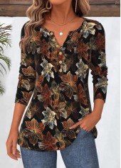 Black Tummy Coverage Floral Print Long Sleeve T Shirt