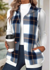 Navy Tummy Coverage Plaid Sleeveless Turn Down Collar Waistcoat