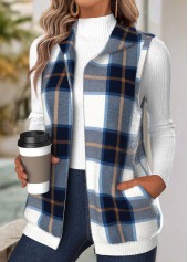Navy Tummy Coverage Plaid Sleeveless Turn Down Collar Waistcoat