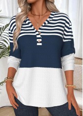 Navy Tummy Coverage Striped Long Sleeve Split Neck Sweatshirt