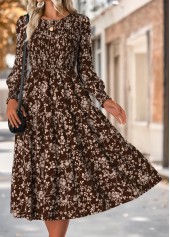 Dark Coffee Tummy Coverage Ditsy Floral Print Dress