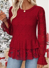 Red Patchwork Long Sleeve Round Neck Blouse