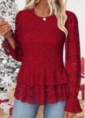 Red Patchwork Long Sleeve Round Neck Blouse | thumb picture 