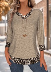 Dark Camel Tummy Coverage Leopard 3/4 Sleeve T Shirt