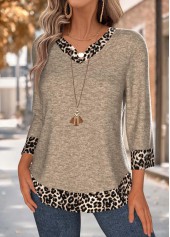 Dark Camel Tummy Coverage Leopard 3/4 Sleeve T Shirt | thumb picture 