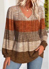 Dark Coffee Tummy Coverage Striped Long Sleeve Blouse