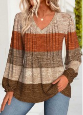 Dark Coffee Tummy Coverage Striped Long Sleeve Blouse