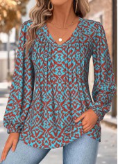 Neon Blue Tummy Coverage Tribal Print Long Sleeve Blouse