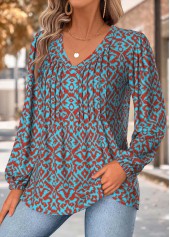 Neon Blue Tummy Coverage Tribal Print Long Sleeve Blouse | thumb picture 