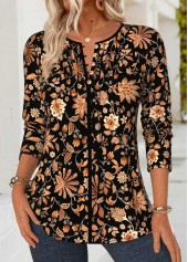 Black Tummy Coverage Tribal Print Long Sleeve Blouse