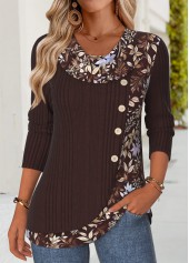 Dark Coffee Patchwork Floral Print Long Sleeve T Shirt