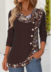 Dark Coffee Patchwork Floral Print Long Sleeve T Shirt | thumb picture 