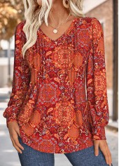 Wine Red Tuck Stitch Tribal Print T Shirt