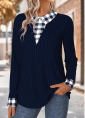 Navy Tummy Coverage Plaid Fake Two Piece Twinset | thumb picture 