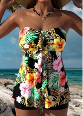 Tummy Coverage Floral Print Black Tankini Set