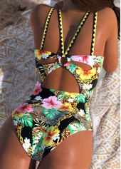 Tummy Control Floral Print Black One Piece Swimwear