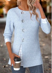 Light Blue Tummy Coverage Plaid Long Sleeve Blouse