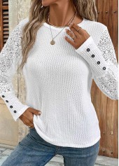 White Patchwork Long Sleeve Round Neck T Shirt