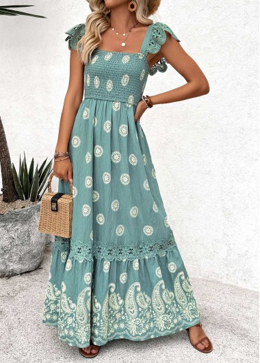 women clothes image of Sage Green Tummy Coverage Tribal Print Maxi Bandeau Dress
