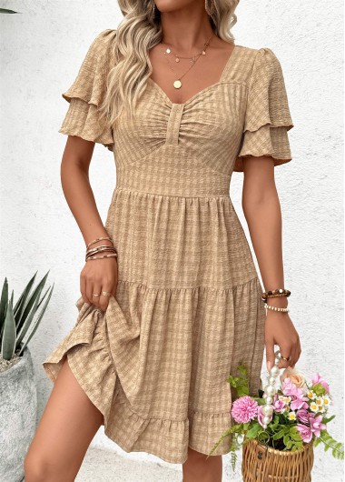 women clothes image of Light Camel Tummy Coverage Short Heart Collar Dress