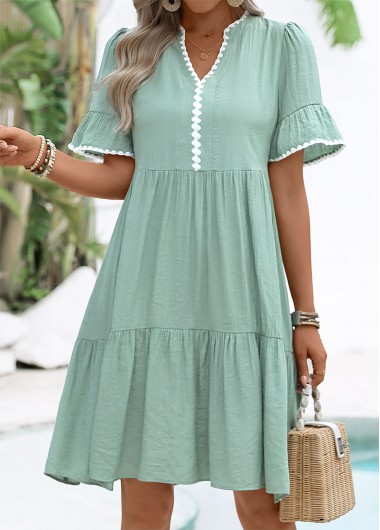 women clothes image of Green Tummy Coverage Short Split Neck Dress